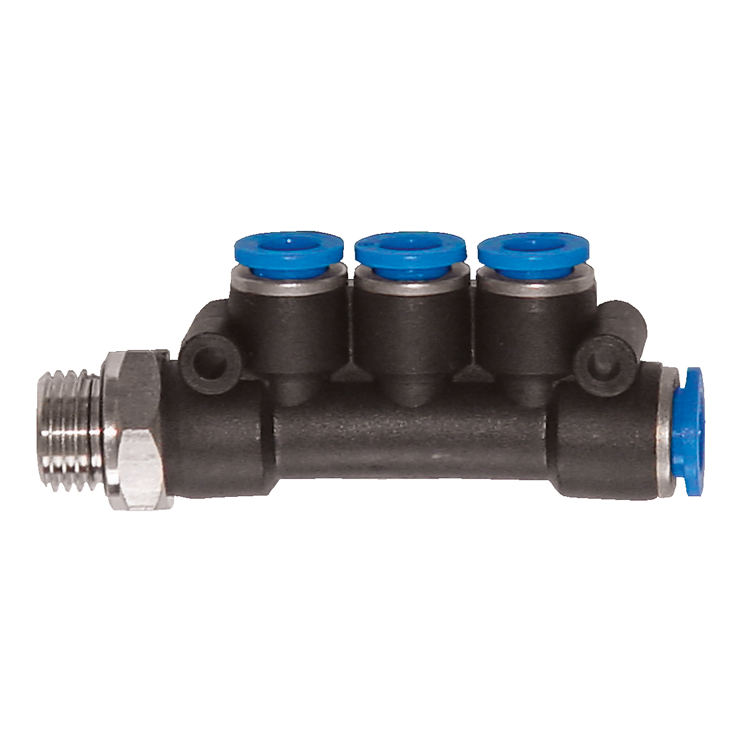 T-multipoint distributor, G⅛ male, hose-Ø: 1 × D1: 6 mm, 3 × D2: 4 mm; B(L): 68 mm, Ød: 3 mm, AF 12 mm, three reduced outlets