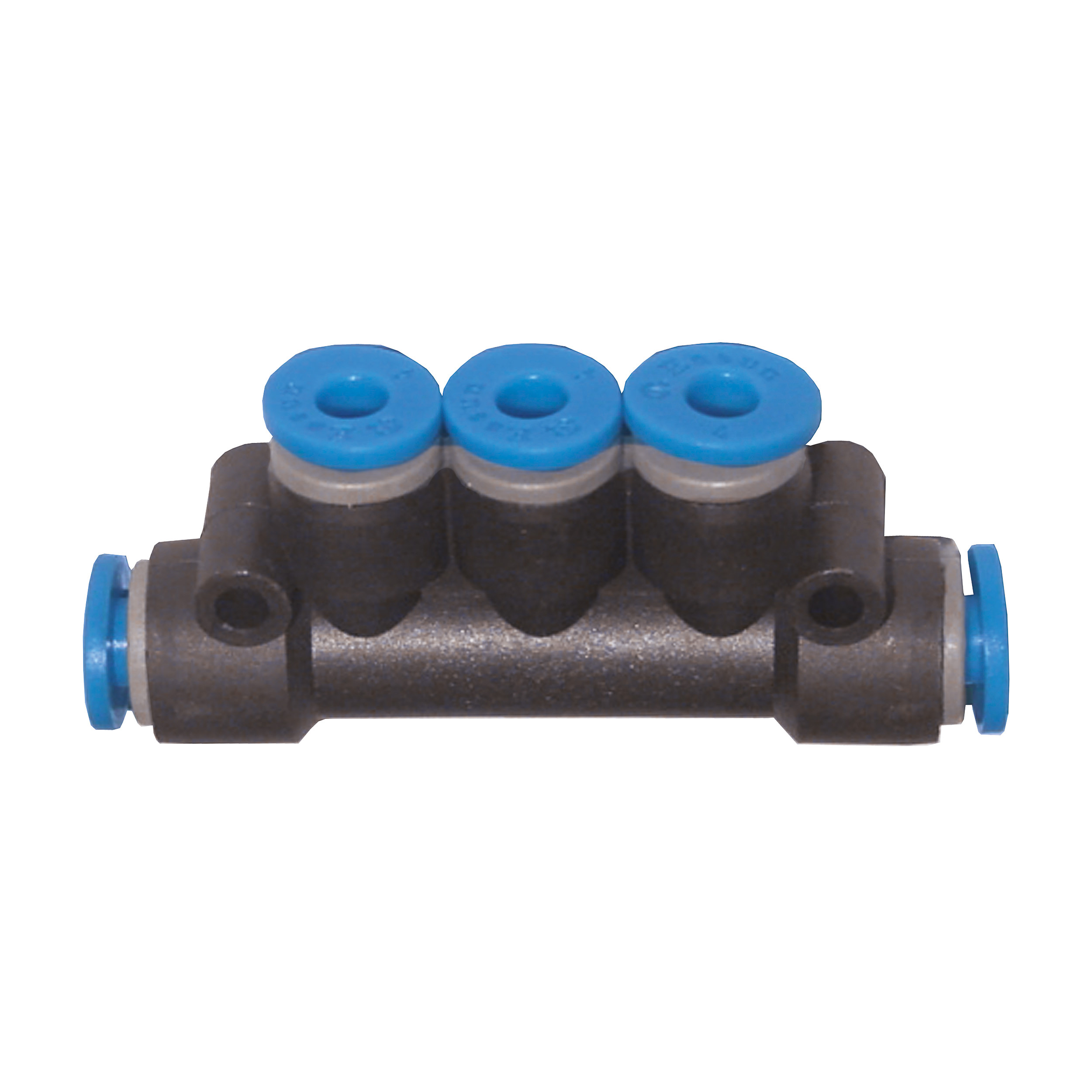 T-Multipoint distributor, hose-Ø: 2 × D1: 6 mm, 3 × D2: 4 mm; B(L): 58 mm, Ød: 3 mm, MOP 145 psi, three reduced outlets