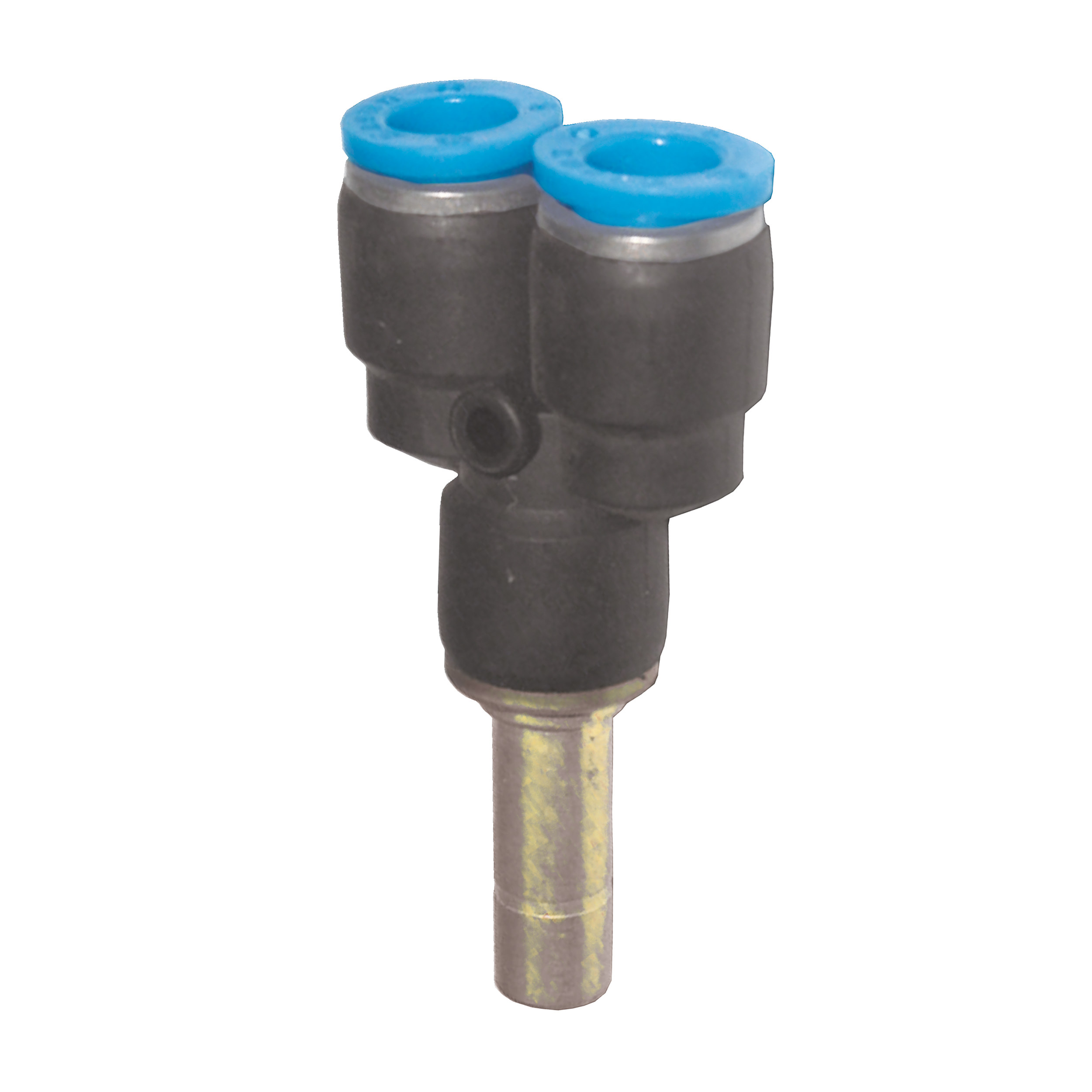 Push-in Y-connector, hose-Ø: 2 × D2 + 1 × D1: 4 mm, B (length): 51 mm, hose-Ød: 3 mm, max. operating pressure: 145 psi, with plug
