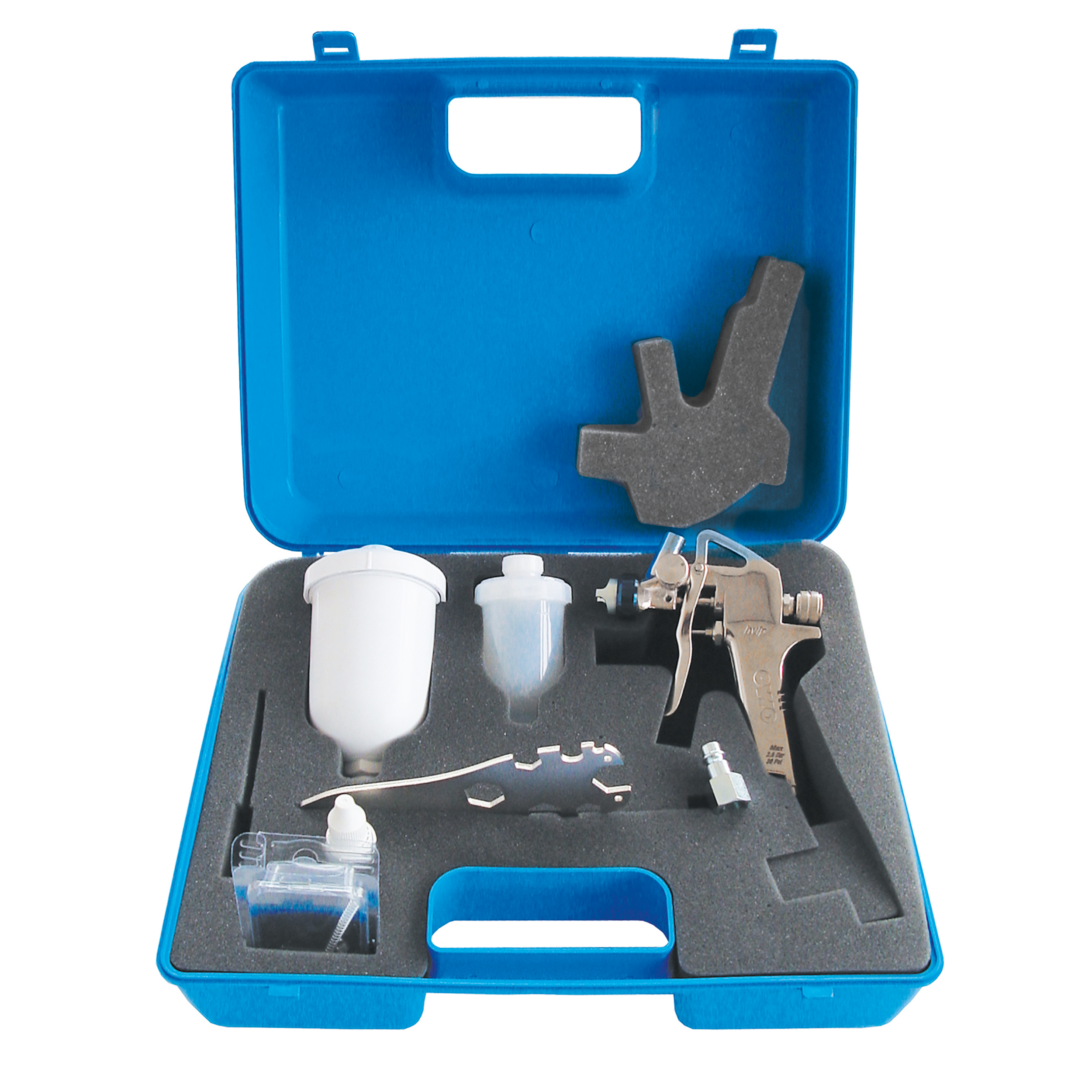 HVLP-set minipaint, case, paint gun nozzle Ø0,7 mm, 2 cups, spare part set, nozzle key, cleaning set, coupling nipple, care oil