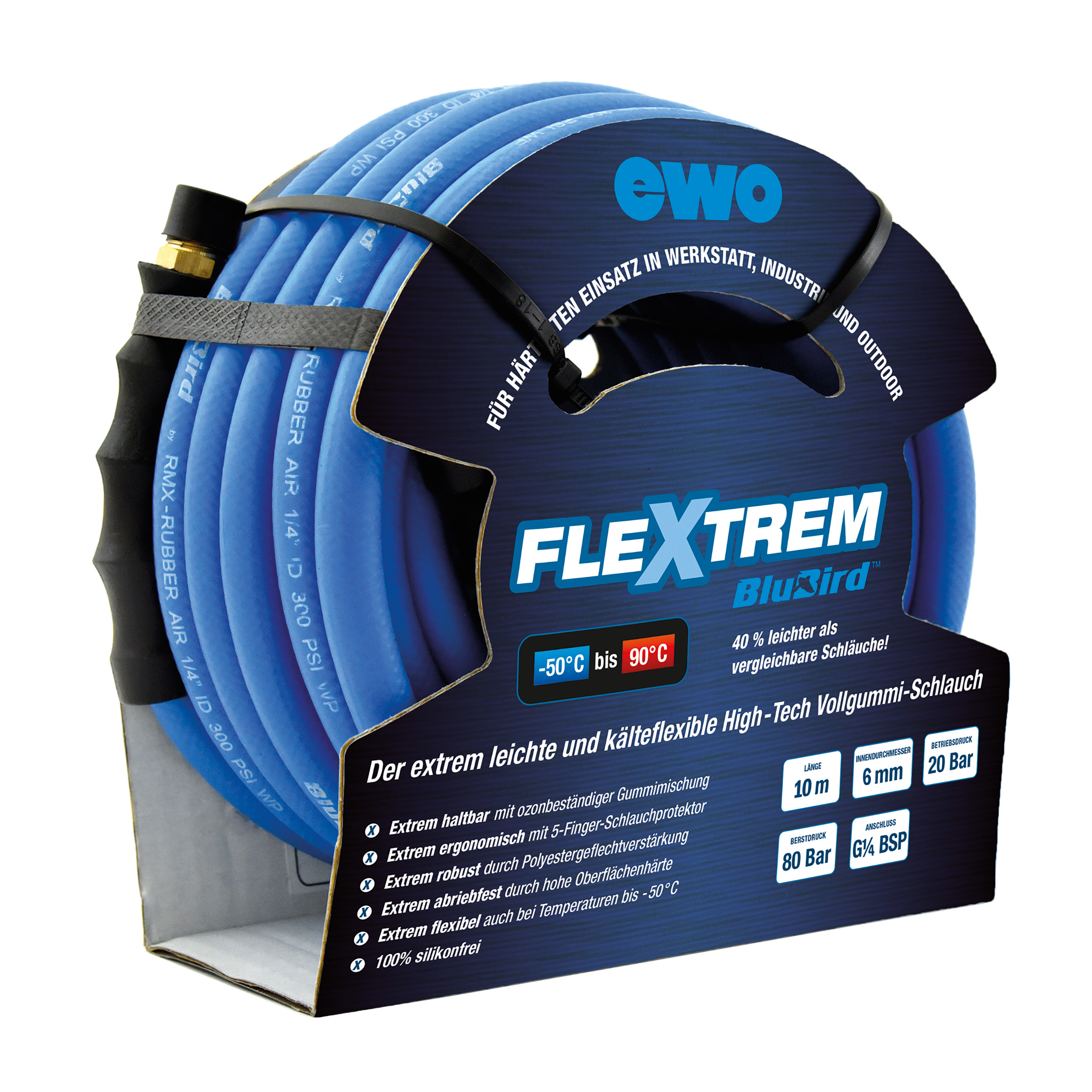 Premium full rubber hose FLEXTREM BluBird, hose inner-Ø (DN) × wall thickness (mm): Ø6 × 3 mm, G¼ female, L: 5 m, pre-assembled