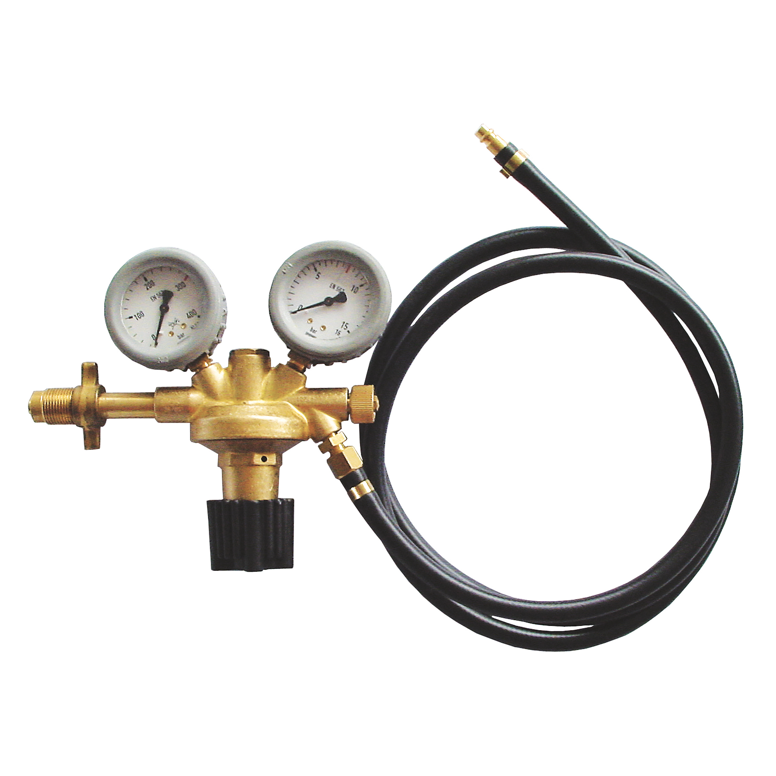 Pressure regulator , bottled gas, pre-pressure 300bar, single-stage, non-flammable gas, compressed air, 4 bar, G5/8a , wing nut
