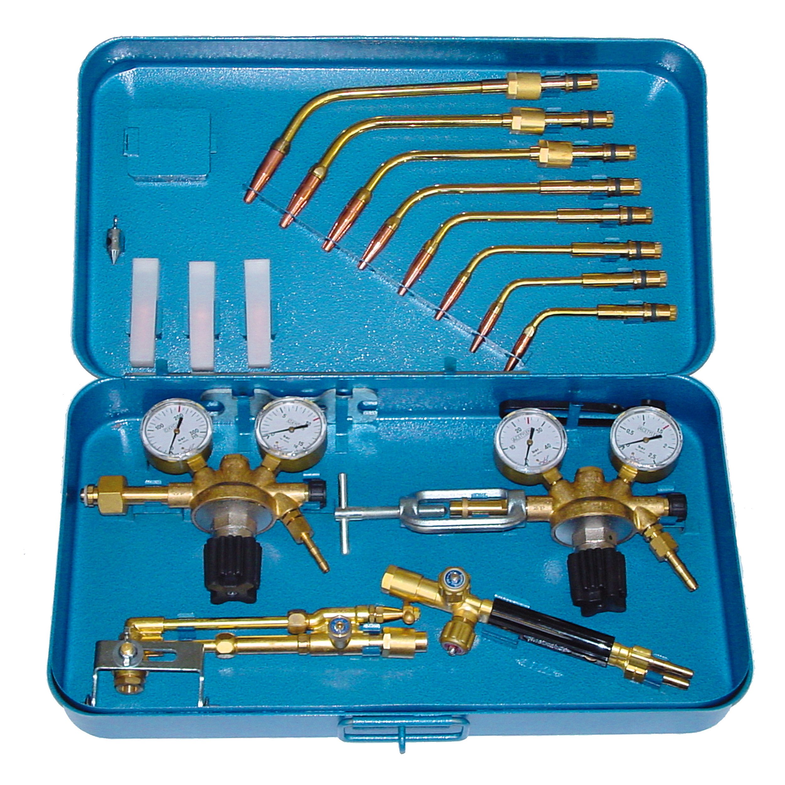 Oxy fuel set 17 mm, 8 weld. inserts 0.5–25 mm, wing cut. ins., ring nozzle, 2 cylinder press. regulators, igniter, without casing