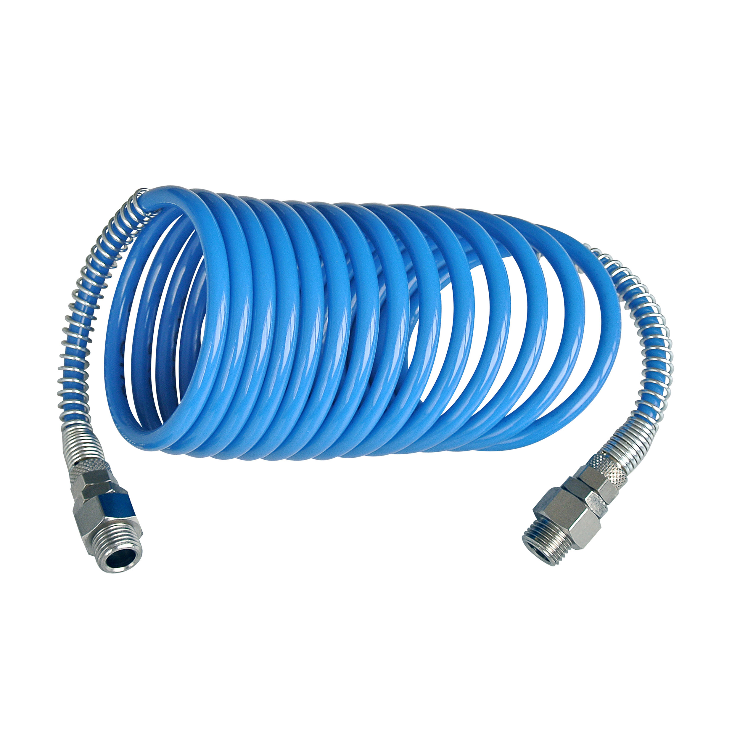 Spiral hose, polyamide 12, D × d (mm): Ø6 × 4 mm, working length: 2.5 m, OD 75 mm, G¼ male, WP at 21 °C: 487 psi
