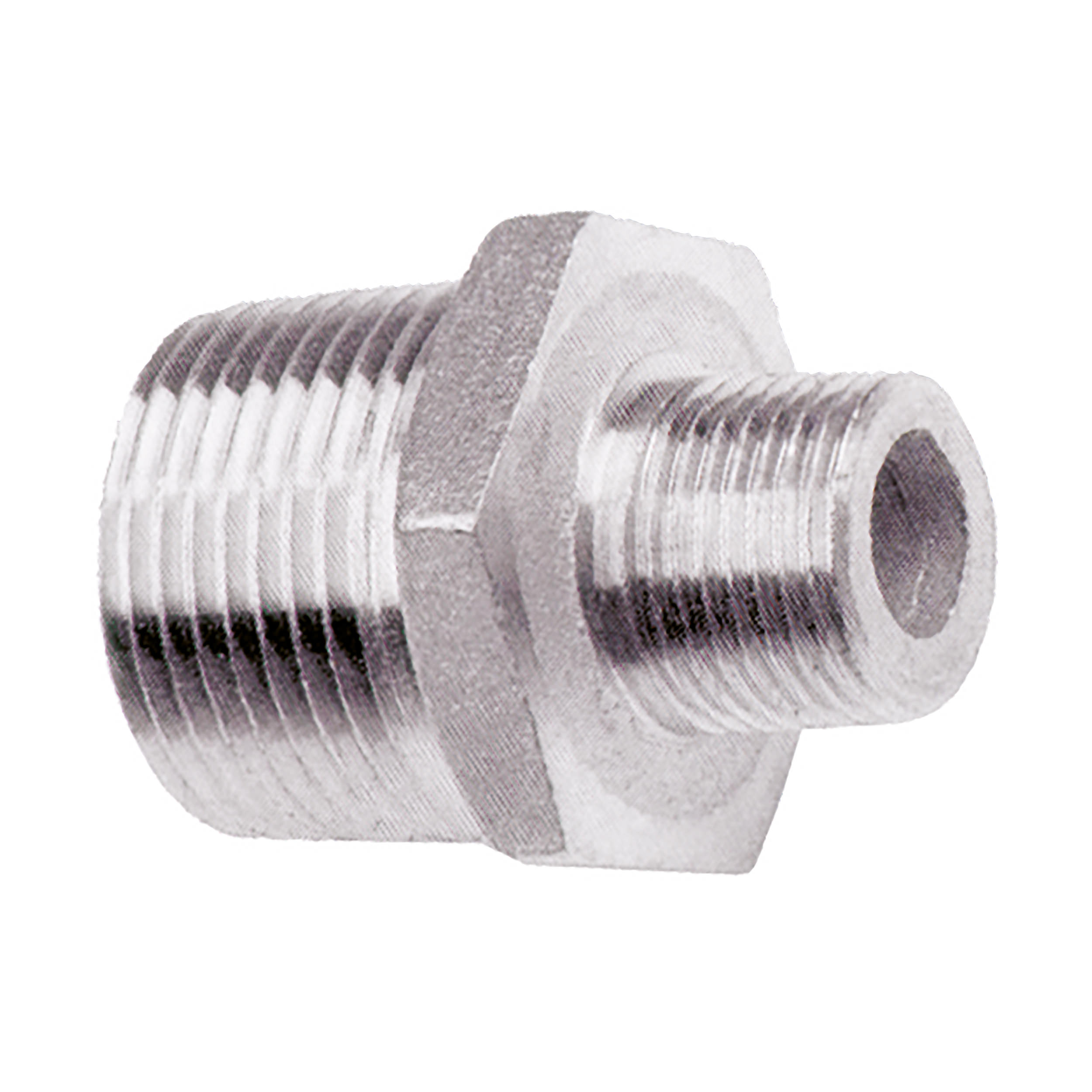 Reducing double nipple stainless steel, V4A, R¼ male x R⅛ male (male: conical/ISO 7/1), DN 8 x 6, L: 34 mm, AF 18, hexagon head