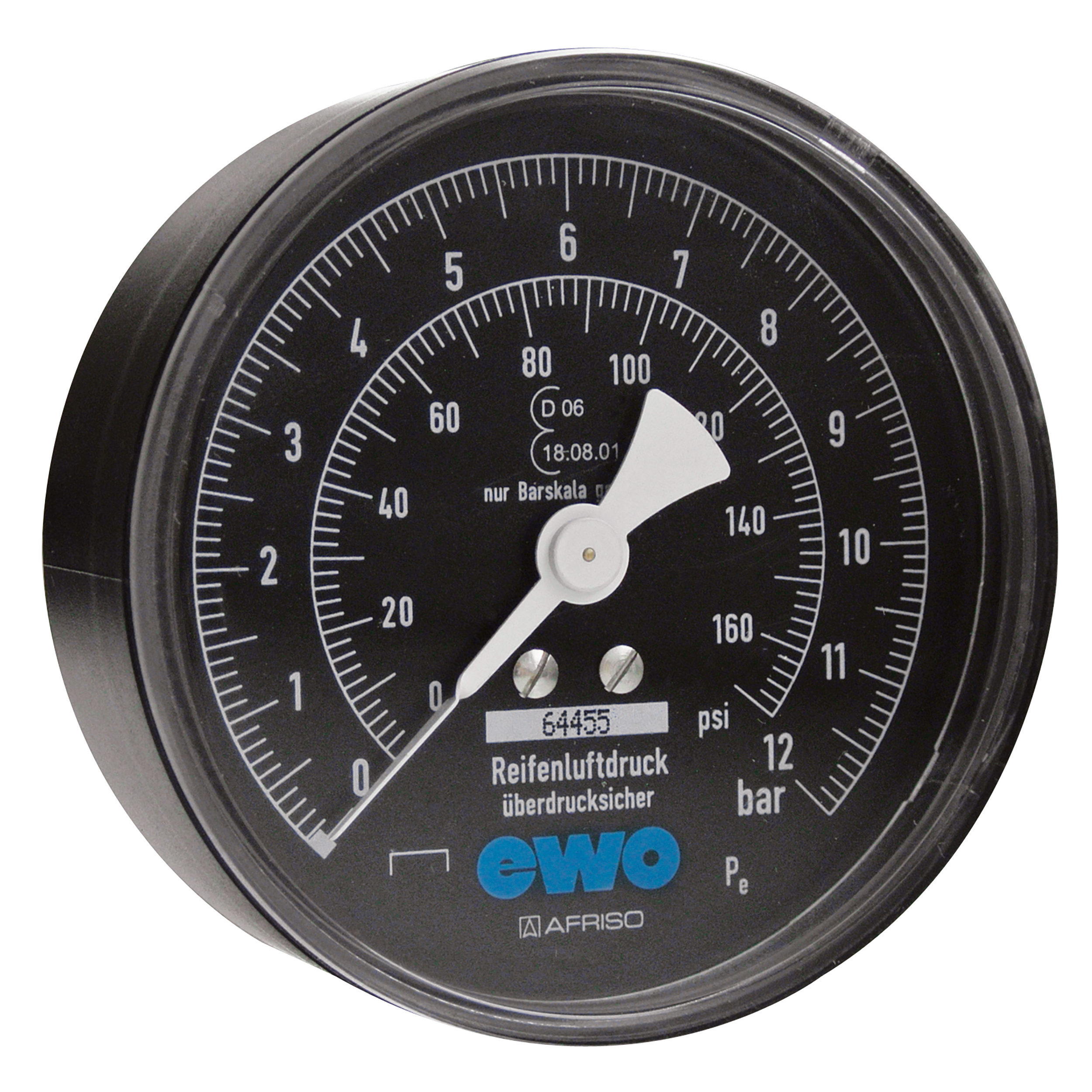 Manometer, Ø80 mm, 0–12 bar/0–170 psi, Doppelskala, Unterteilung 0,1 bar/0,2 psi, Überdrucksicher bis 15,6 bar, mit Eichzulassung